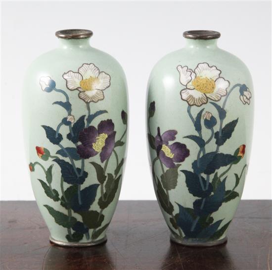 A pair of Japanese silver wire cloisonne enamel vases, early 20th century, 12.4cm